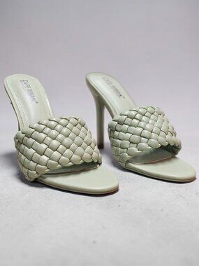 Woven Sage Green High Heel Mules With Padded Straps - Elegant Slip-On Design For